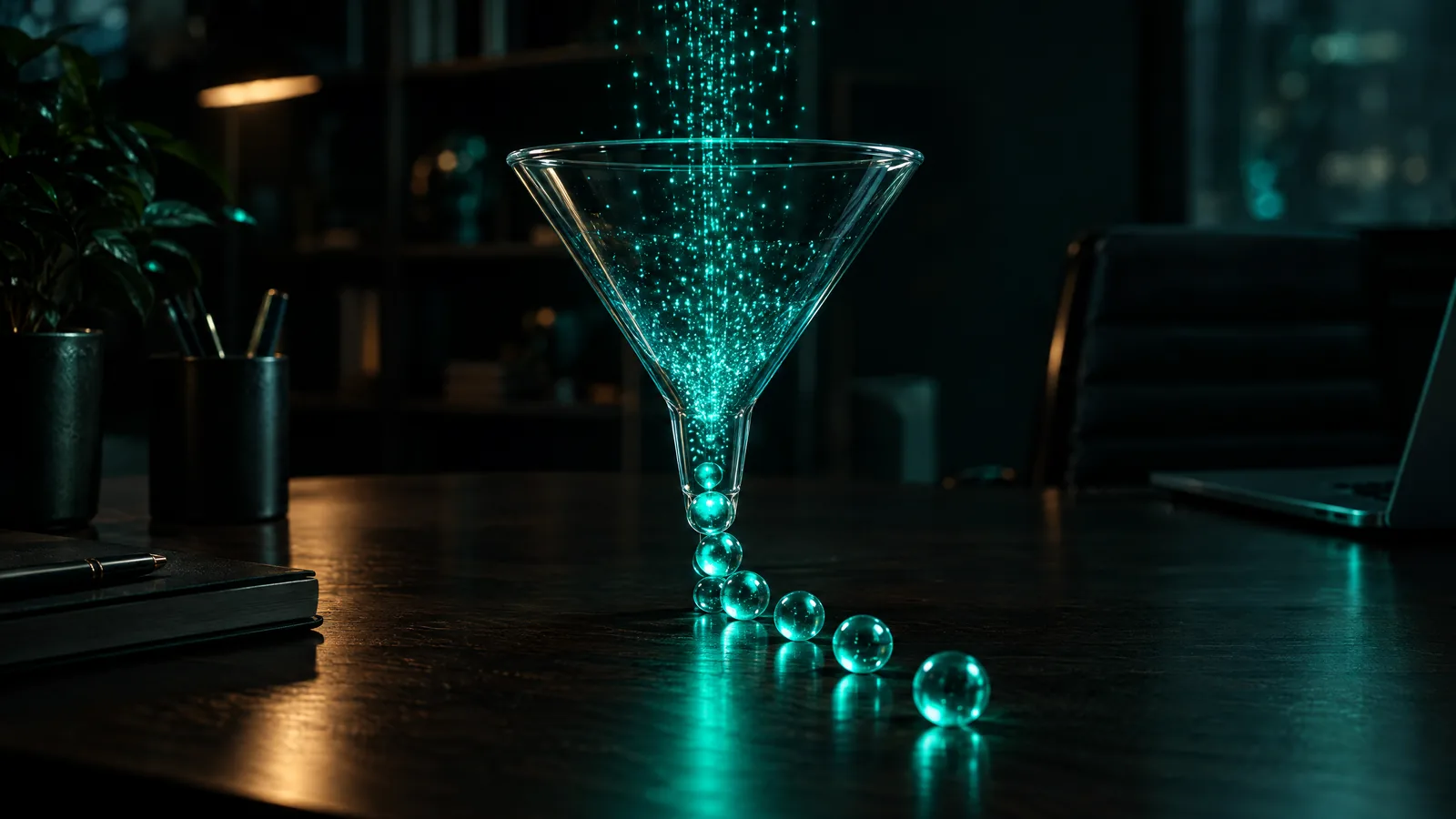 Glass funnel on a desk catching falling teal light particles that collect into a few solid teal spheres at its base