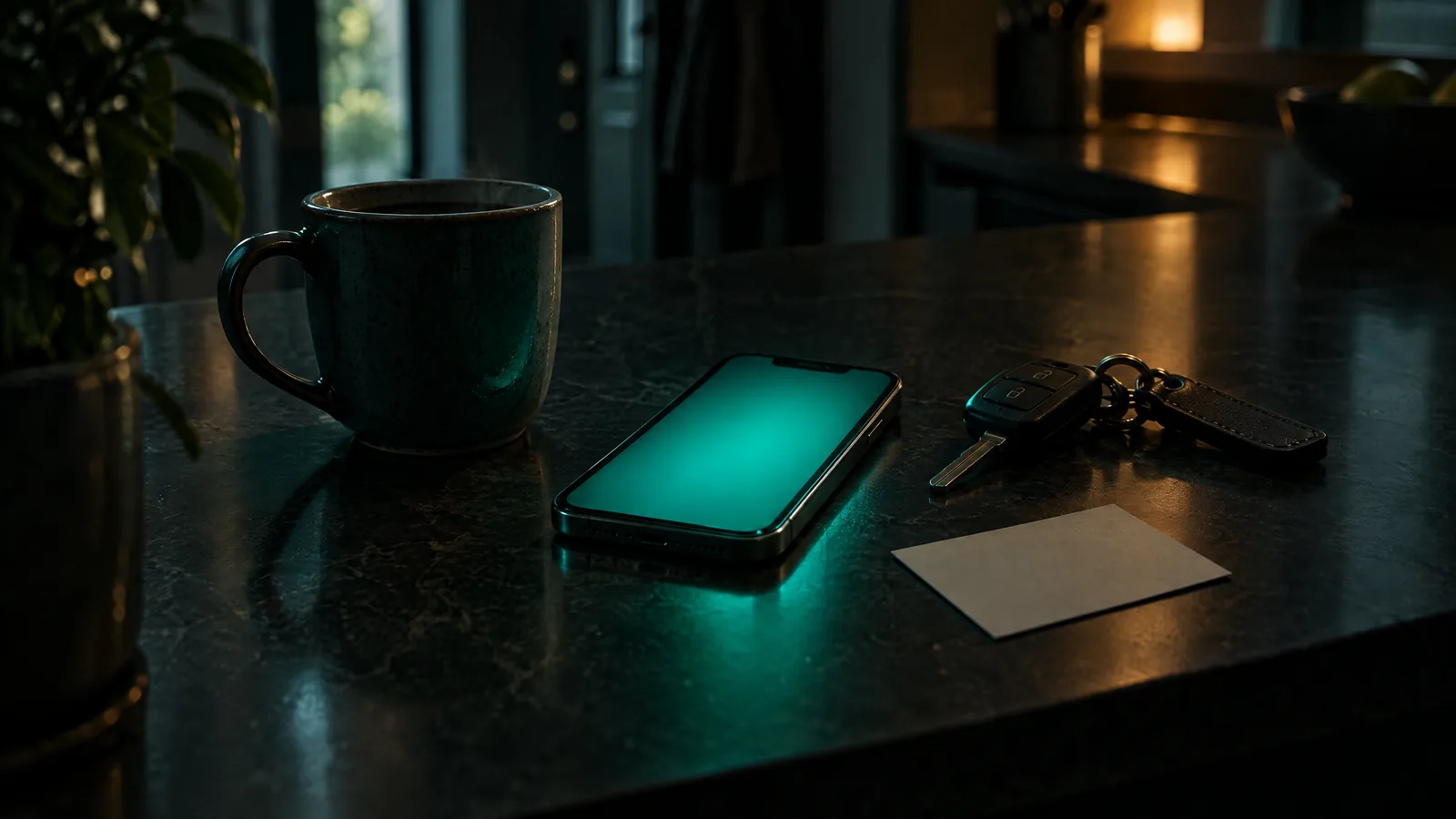 Smartphone glowing teal on a kitchen counter beside a coffee mug, car keys and a blank appointment card