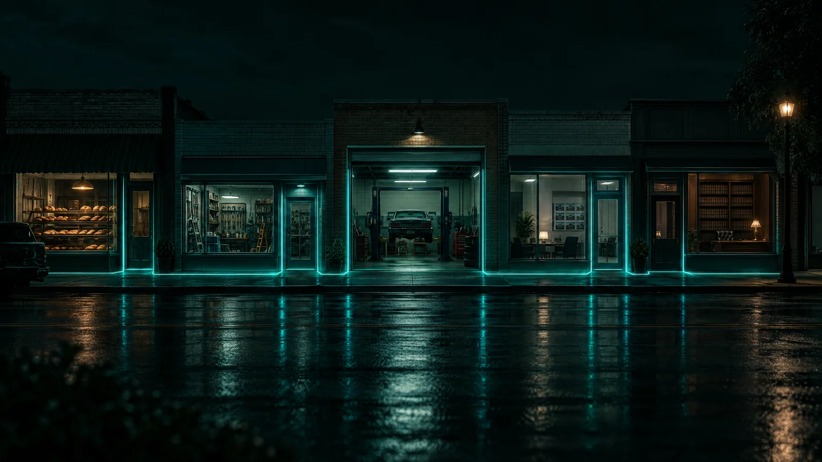 Small-town main street at night with a bakery, a hardware store, an auto repair bay, a real estate office and a law office linked by teal light