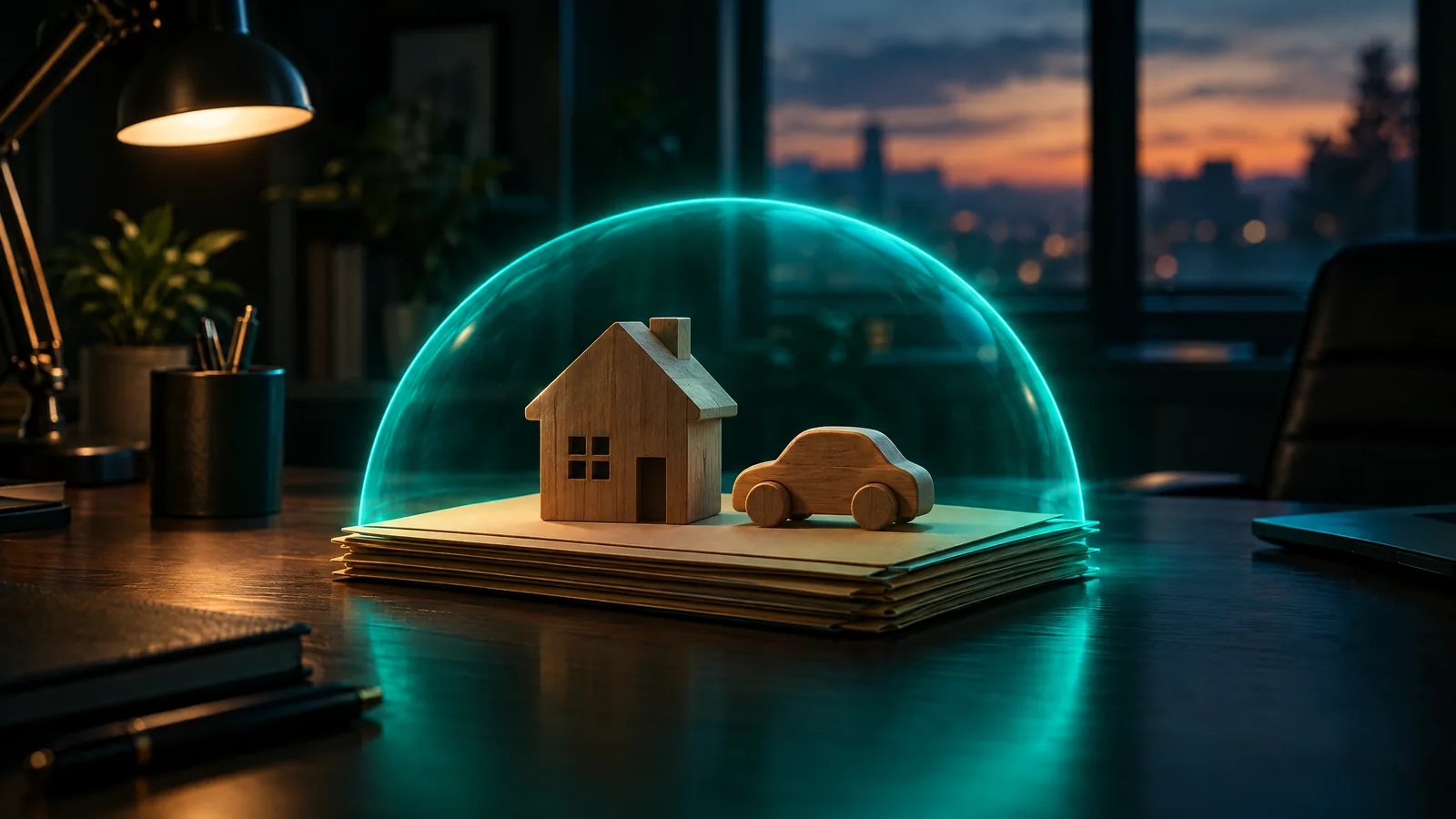 Wooden toy house and toy car on a stack of manila folders, sheltered under a translucent teal dome of light on an agency desk