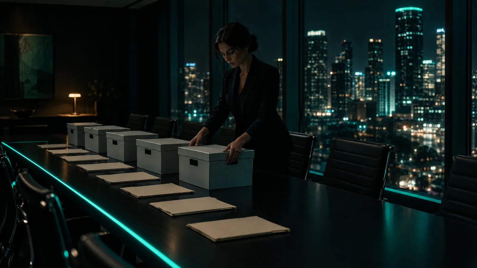 Law firm conference room at night above a city skyline, a professional lining up file boxes along a table edged in teal light