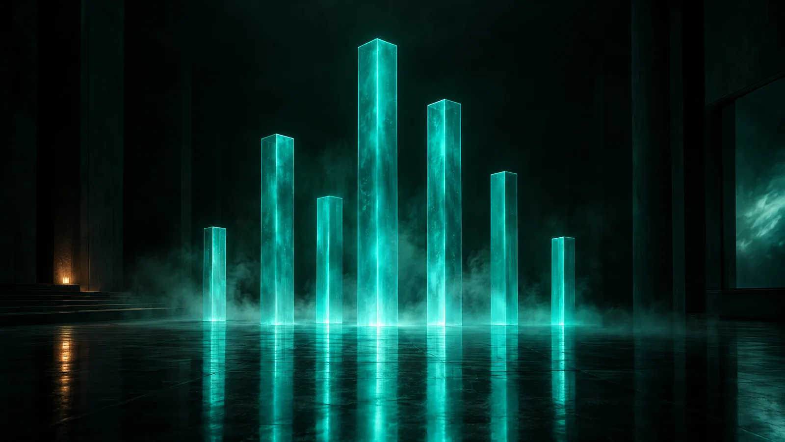 Seven pillars of teal light of different heights rising from a reflective floor in a dark, misty hall