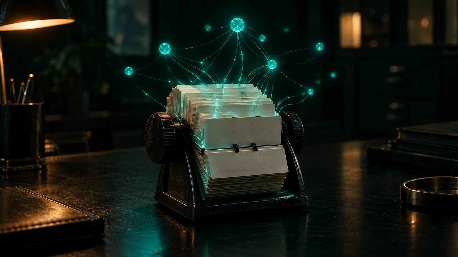 Rotary card file of blank contact cards on a desk, linked by fine teal light threads to small glowing nodes above it