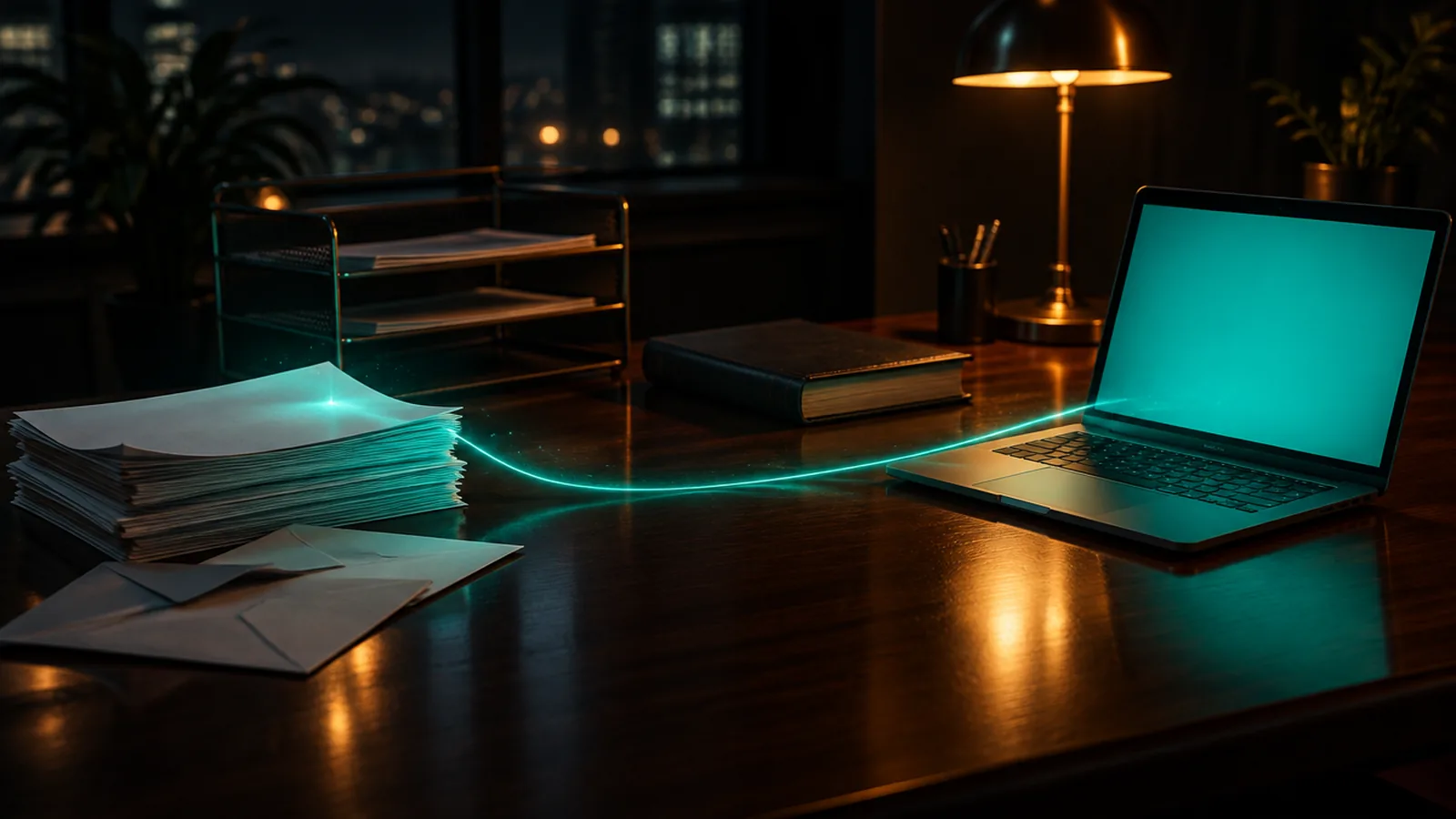 Stack of blank paper invoices on a dark walnut desk at night, a thread of teal light running from the pile into a laptop glowing teal