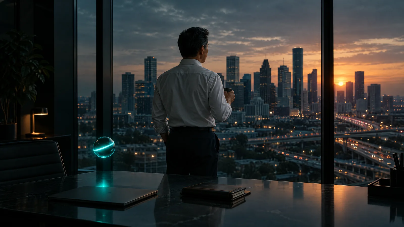Executive holding a coffee at a floor-to-ceiling window overlooking a city skyline at sunrise, a small teal orb glowing on his desk