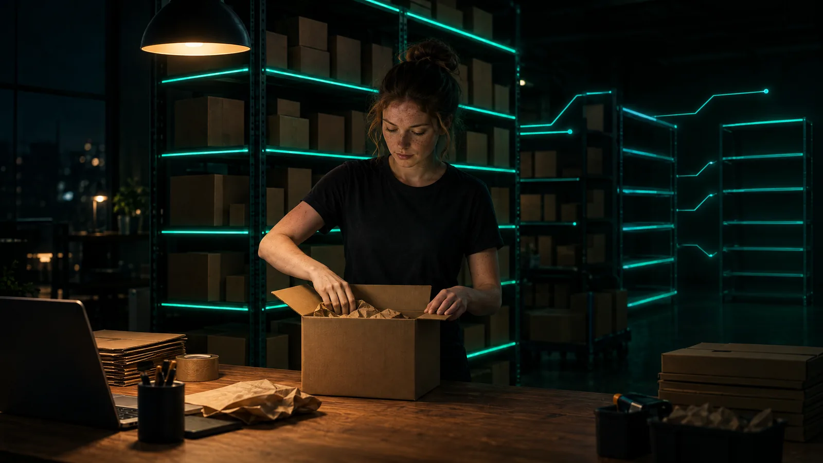 Woman packing an order at a warehouse table under a work lamp, with teal light tracing the shelf edges and branching toward new shelves
