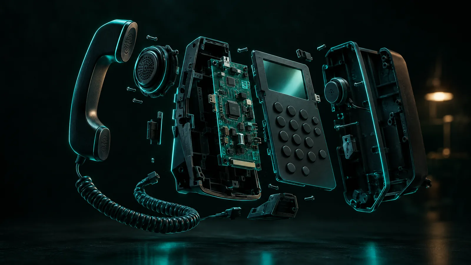 Exploded view of a desk phone, its handset, speaker, circuit board, keypad and cord floating apart and edged in teal light