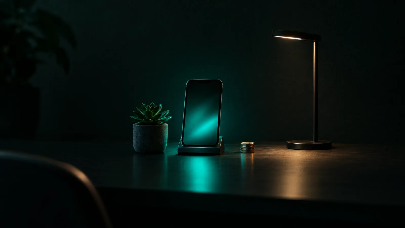 Minimal desk with a smartphone glowing teal on a stand, a small succulent, a short stack of coins and a slim desk lamp