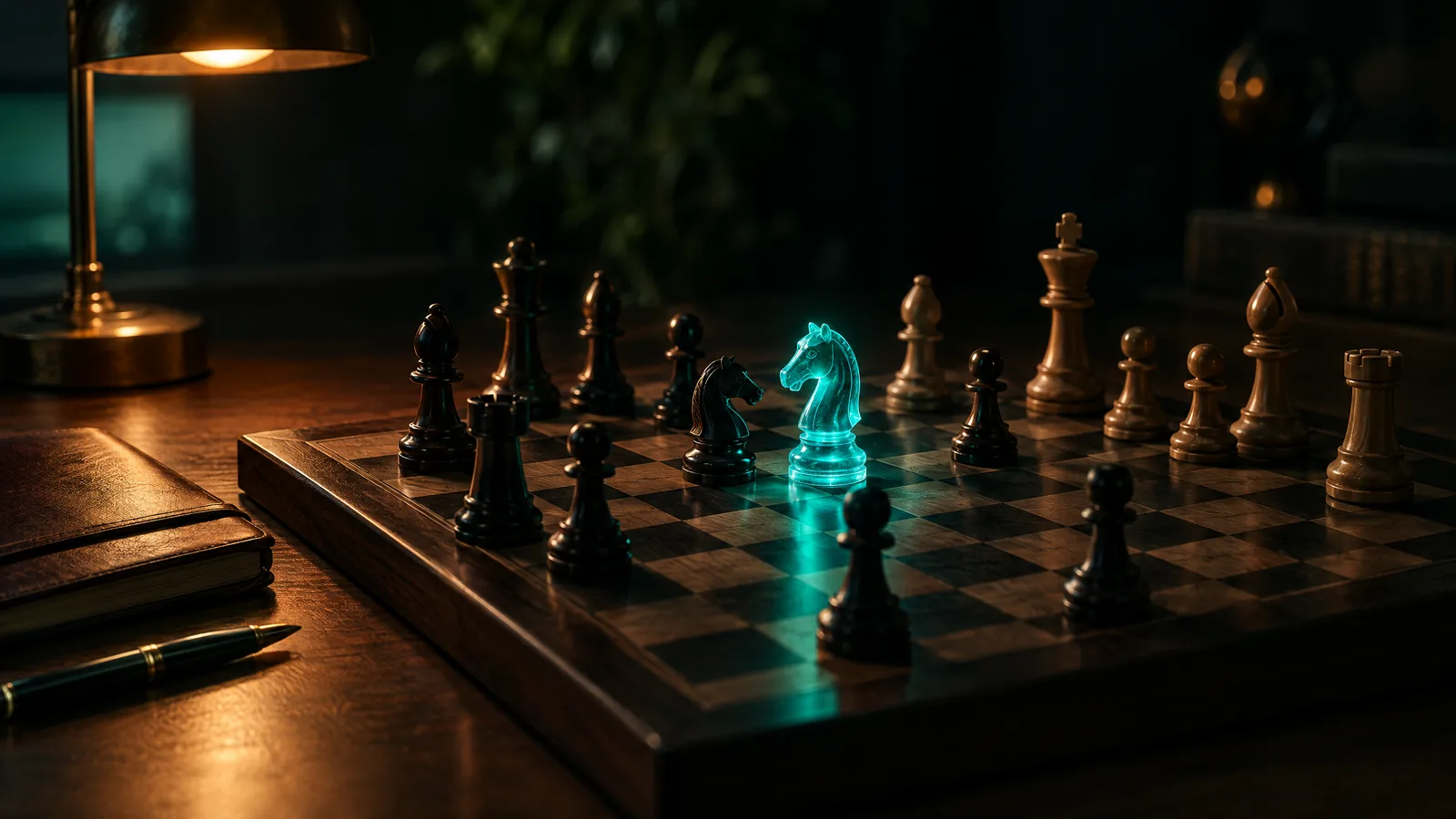 Chessboard mid-game on a walnut desk under a lamp, with one knight made of glowing teal glass
