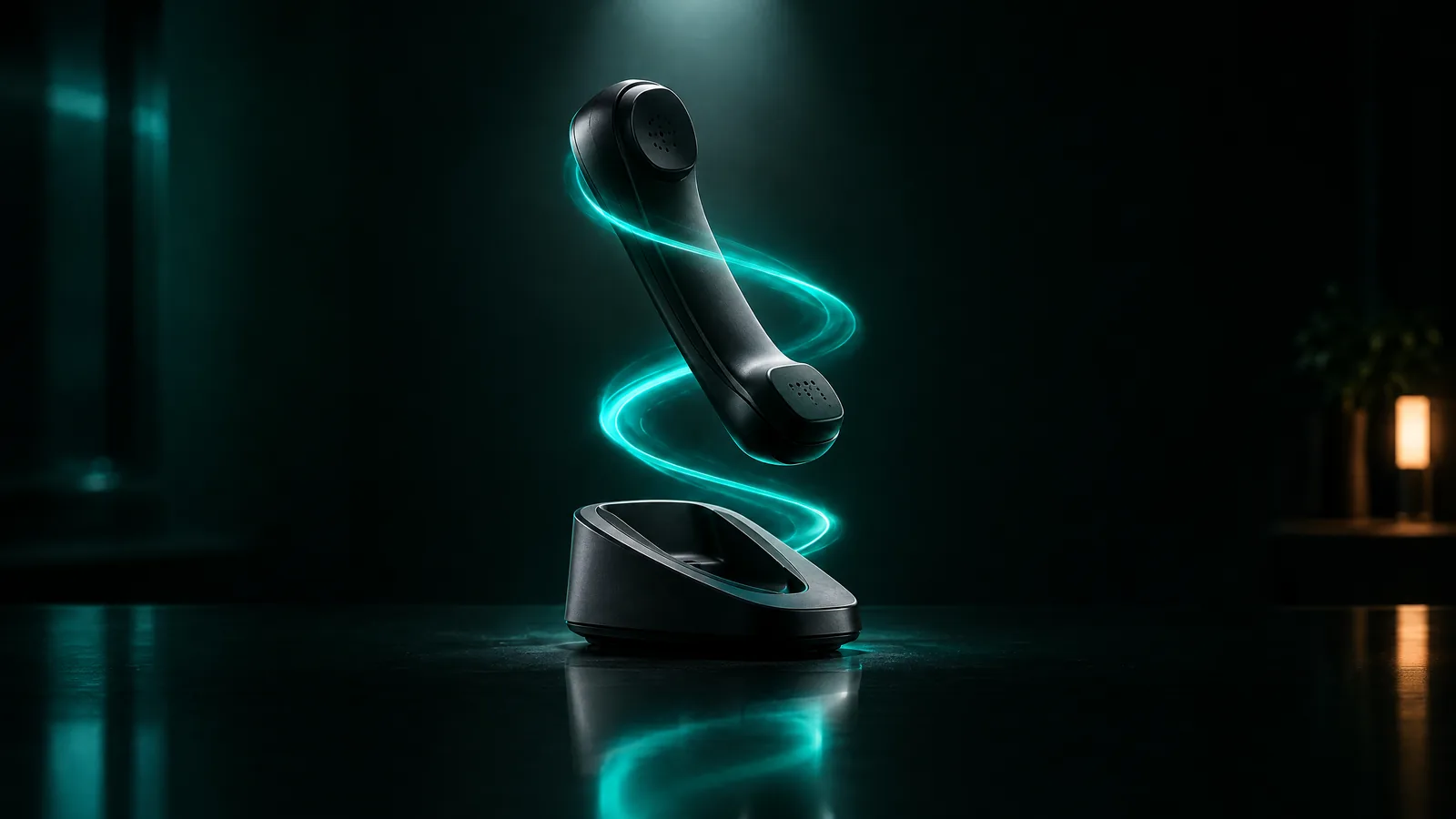 Black desk-phone handset floating above its cradle, lifted by a ribbon of teal light under a single spotlight