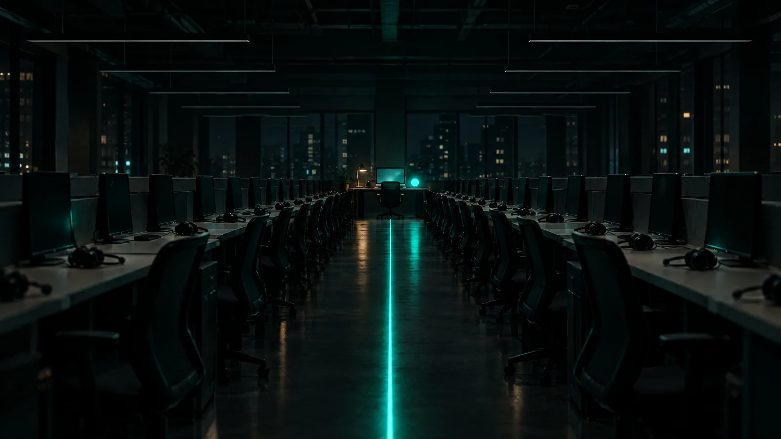 Empty contact center at night with rows of desks and resting headsets, a teal light line running down the aisle to one lit workstation