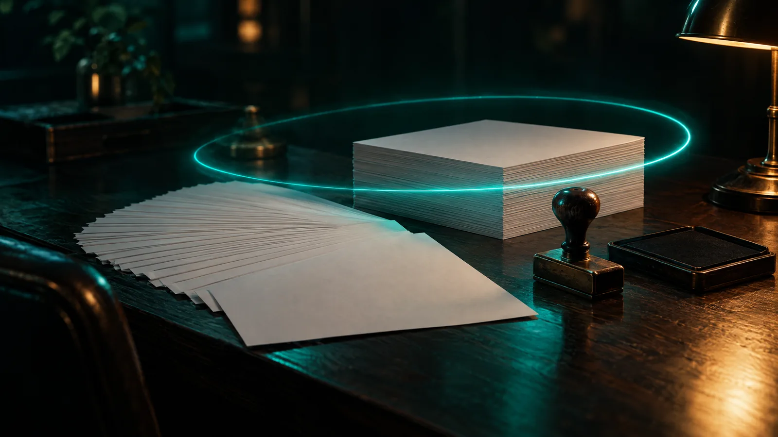 Fanned blank paper forms beside a rubber stamp and ink pad, with a loop of teal light circling a neatly squared stack