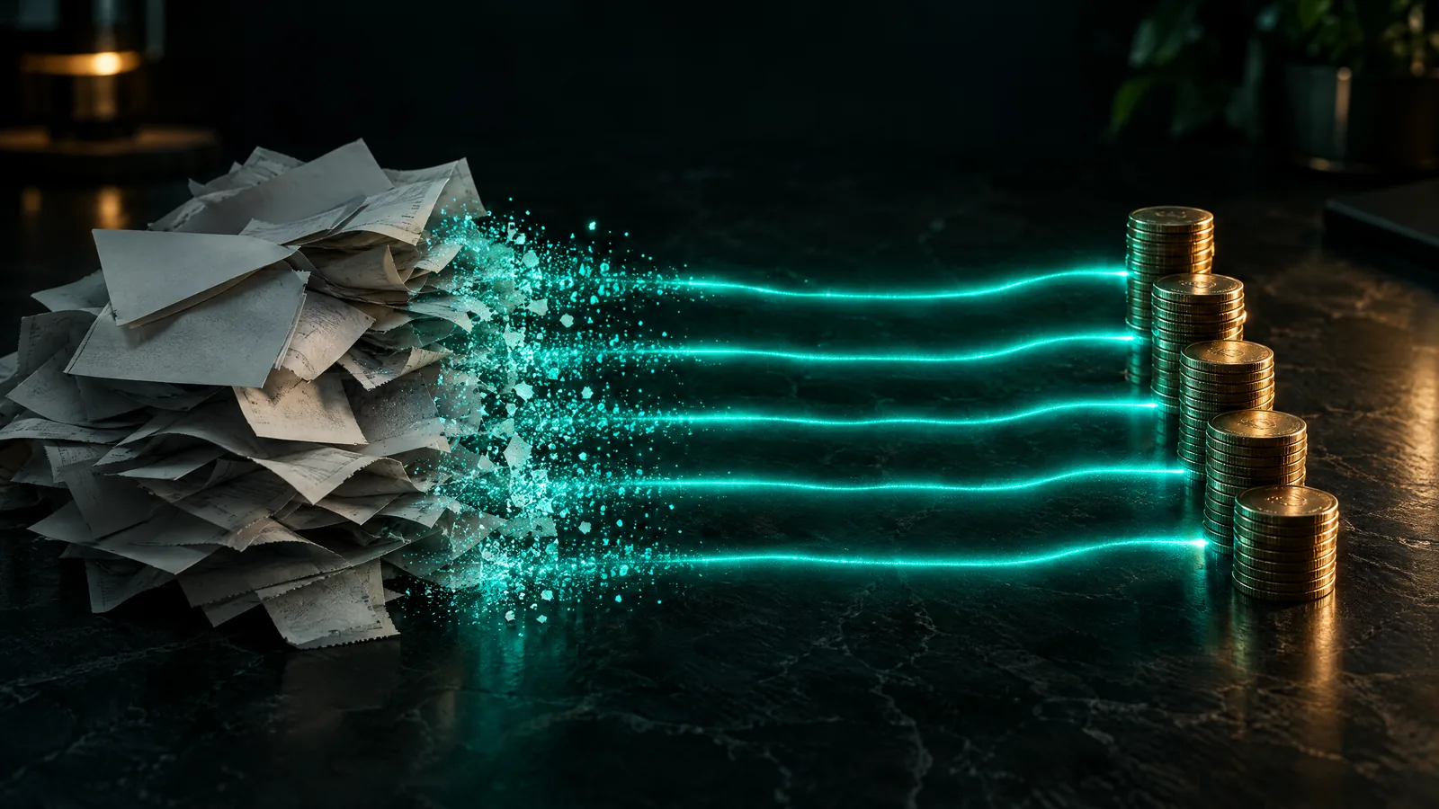 Pile of paper invoices dissolving into five teal light channels that end in neat stacks of brass coins on a slate surface
