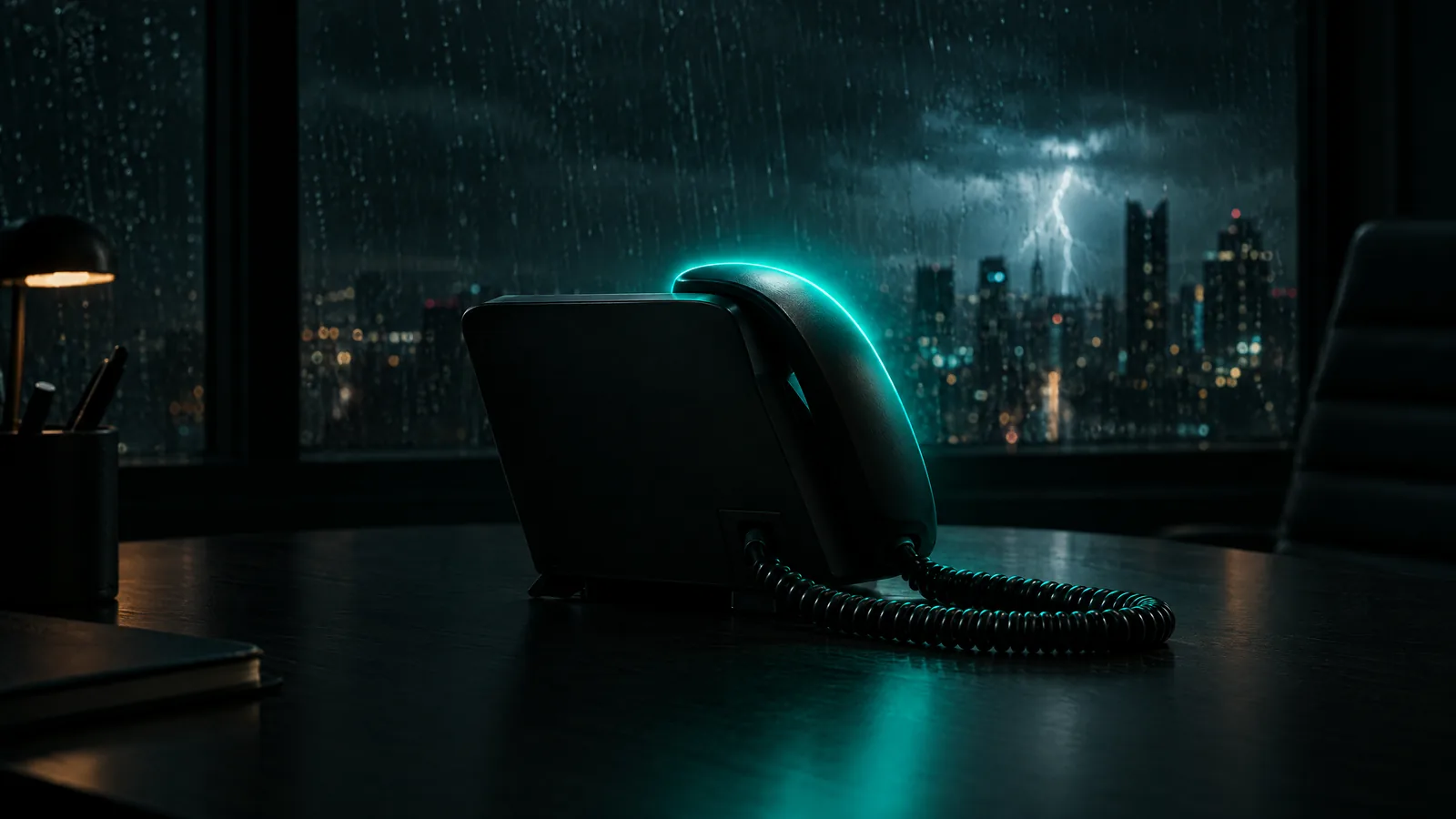 Desk phone seen from behind during a night thunderstorm, its handset outlined by a steady teal glow as lightning flashes outside