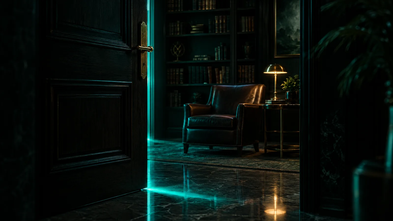 Law office door standing ajar at night, teal light spilling across a marble floor toward a leather client chair and a brass lamp