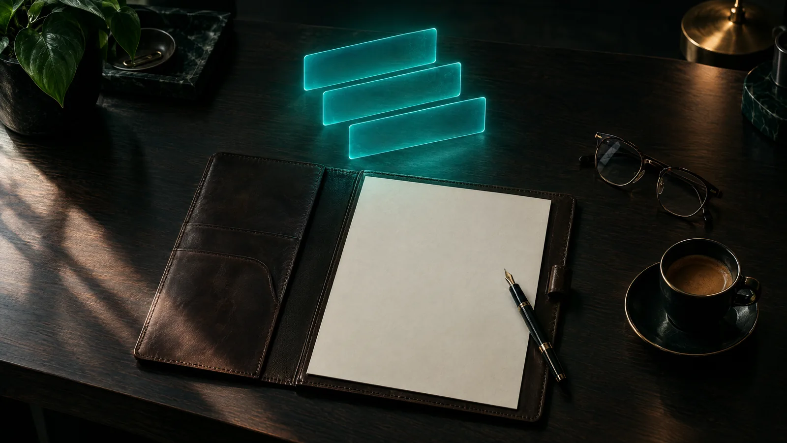 Open leather portfolio with a blank sheet and a fountain pen on a walnut desk, with three blank teal light cards stacked above it