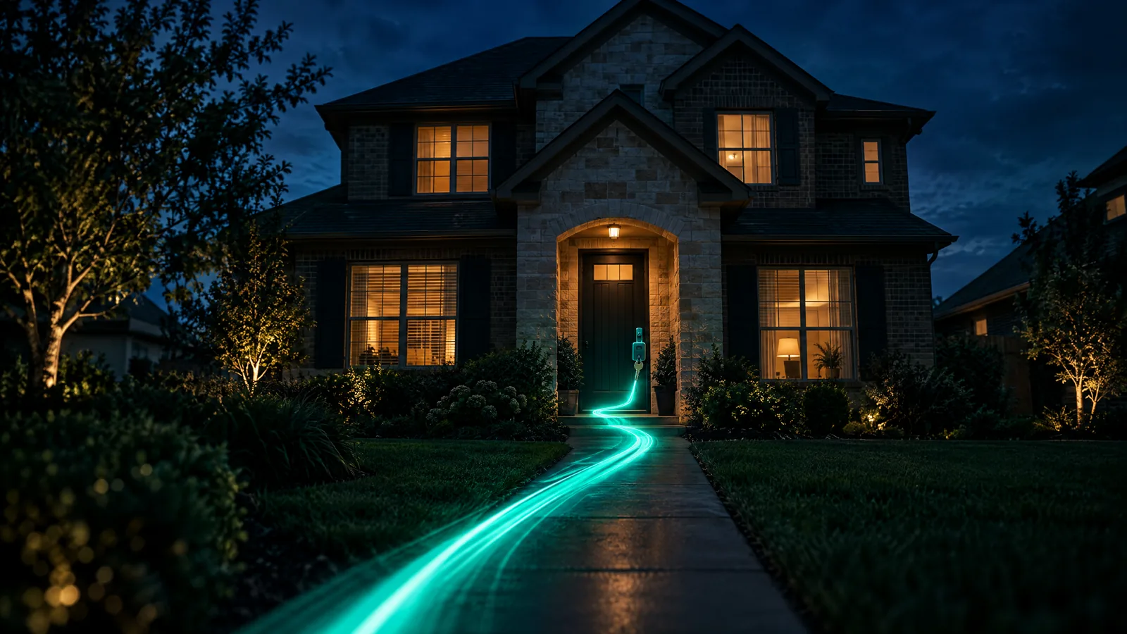 Two-story brick home at dusk with warm windows and a streak of teal light racing up the front walk to the door