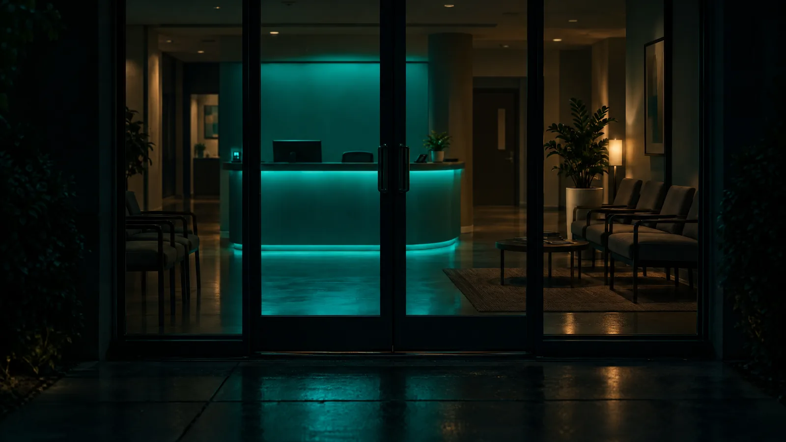 Medical practice seen through its closed glass front doors at night, the empty reception desk glowing teal beside a quiet waiting area