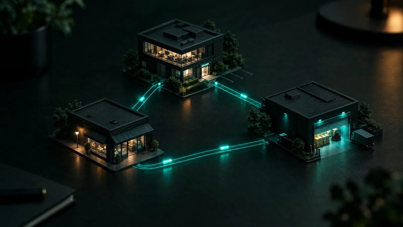 Tabletop model of an office, a storefront and a warehouse in matte black, connected by glowing teal light tracks