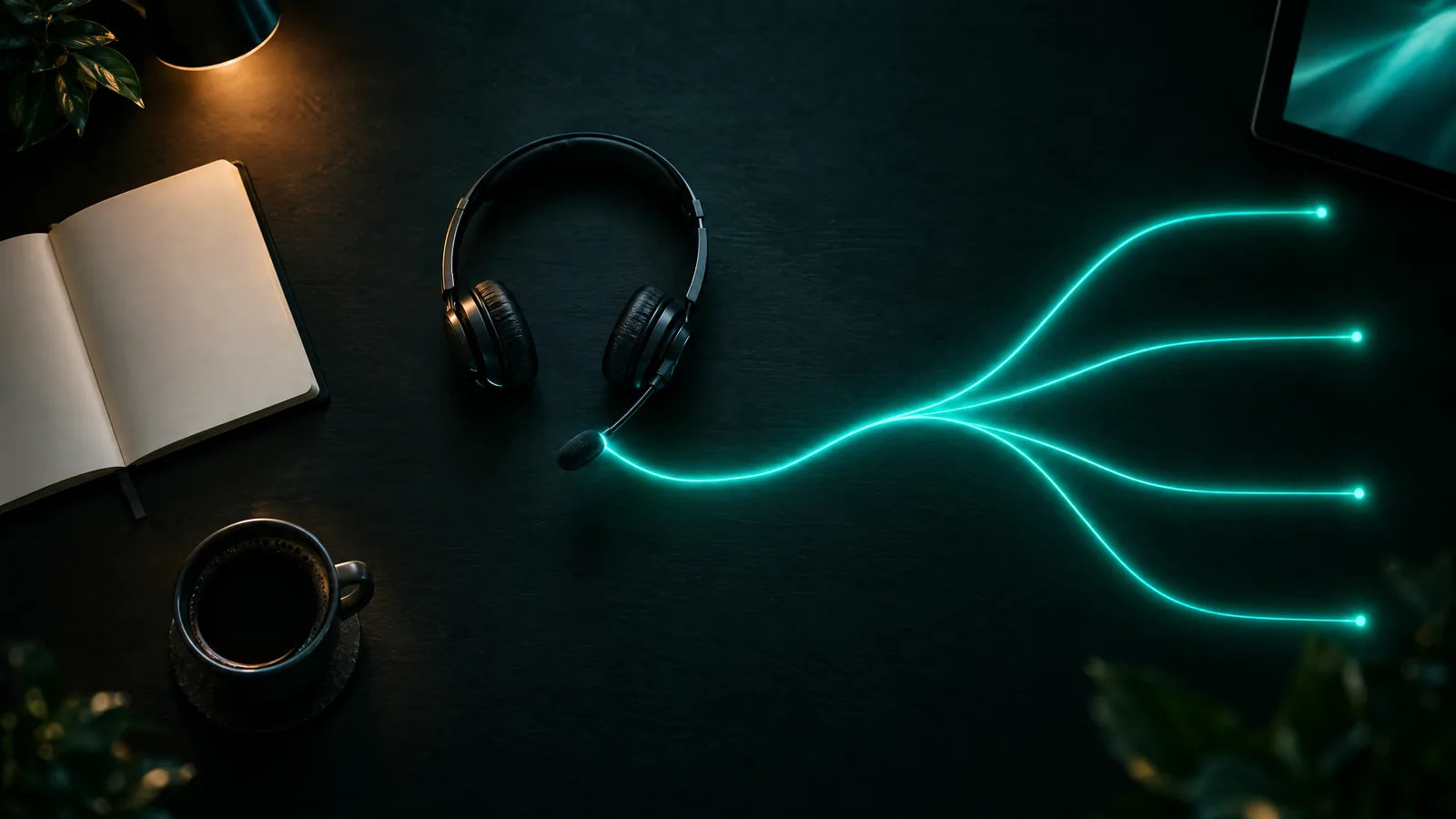Overhead view of a desk where a headset's microphone sends out a teal light line that branches into four paths, beside a notebook and coffee