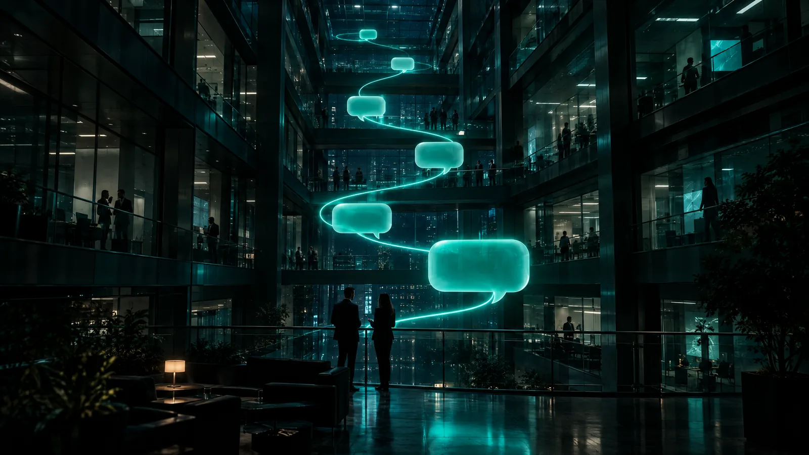 Multi-story glass office atrium at night with a teal light ribbon linking a rising chain of glowing speech-bubble shapes