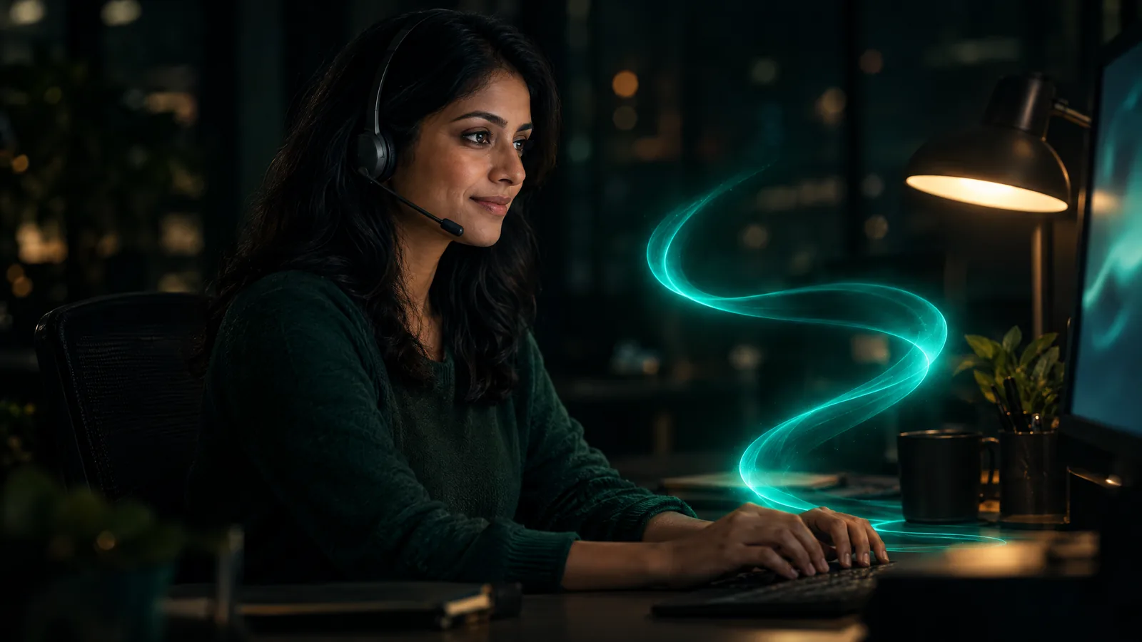 Customer support specialist in a headset working at a desk at night, with a ribbon of teal light rising beside her keyboard