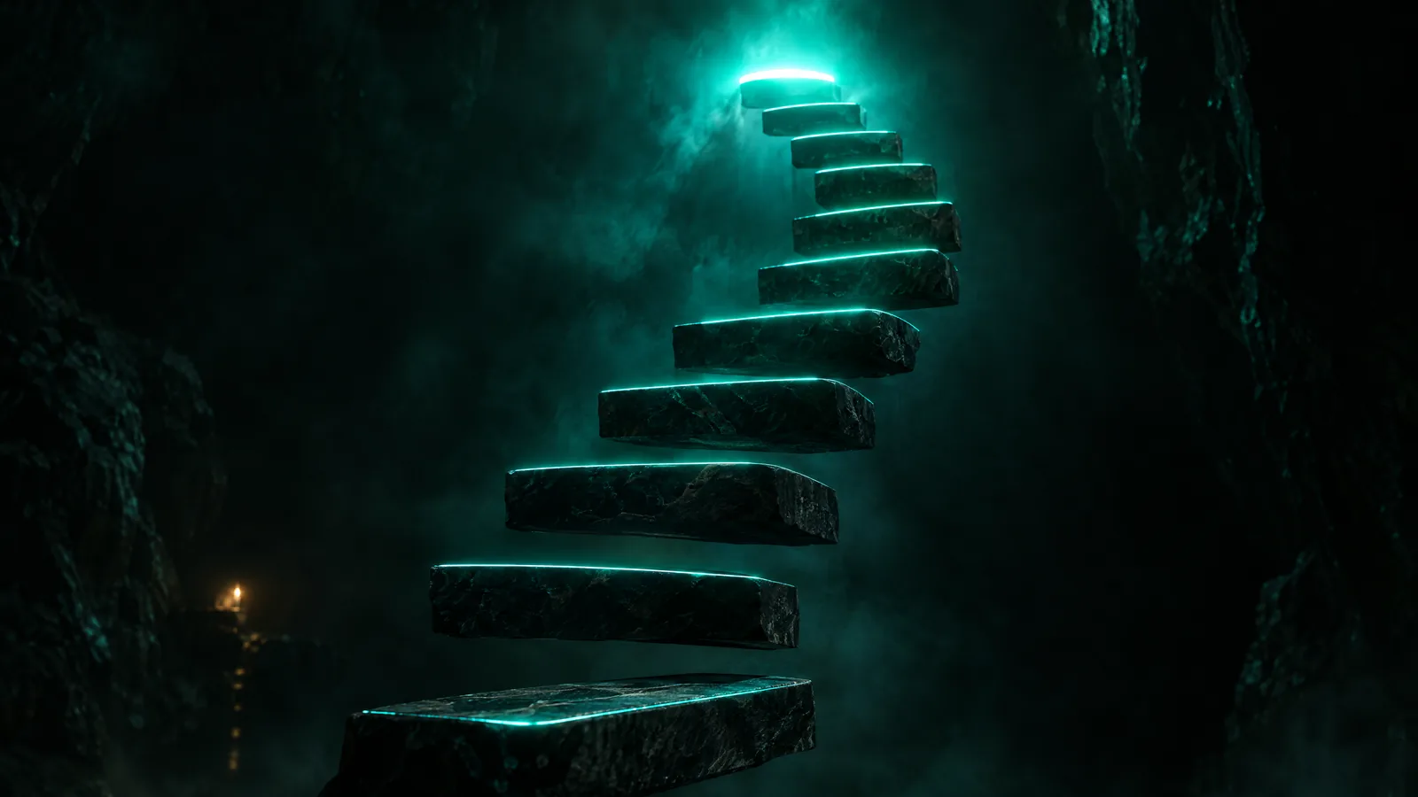 Floating stone steps spiraling upward through haze, each edged in teal light that grows brighter toward the top