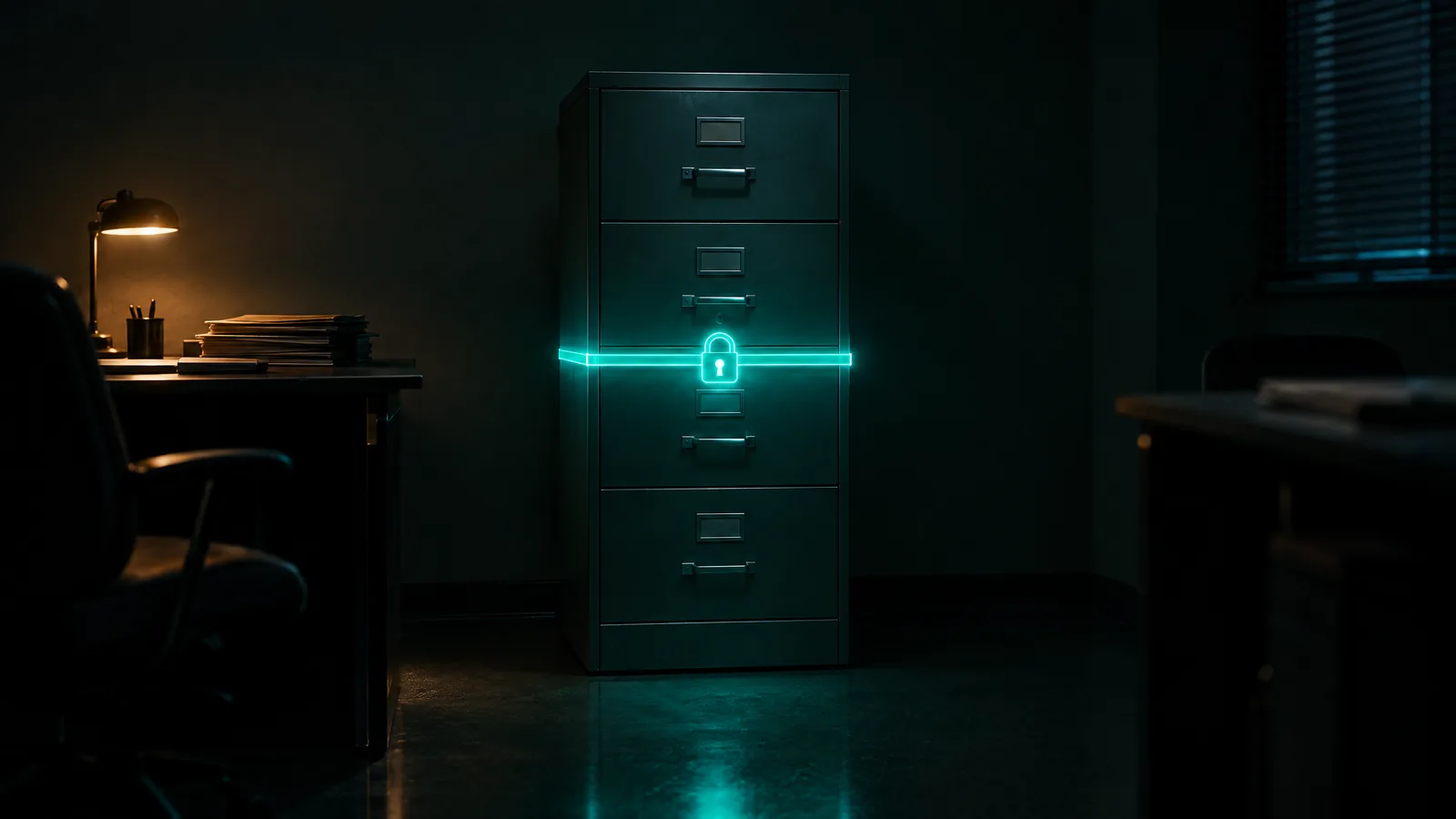 Steel filing cabinet in a dim records room, sealed by a glowing teal band of light with a padlock shape