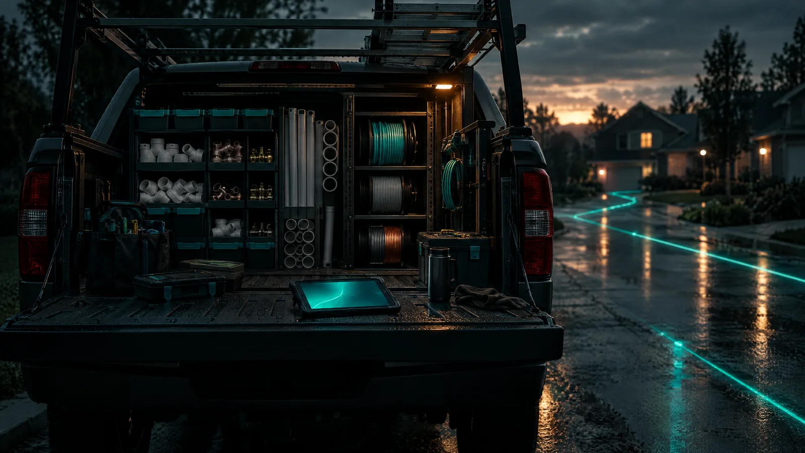 Open tailgate of a service truck at dawn with organized pipe fittings, wire spools and a tablet glowing teal, a teal route traced along the wet street