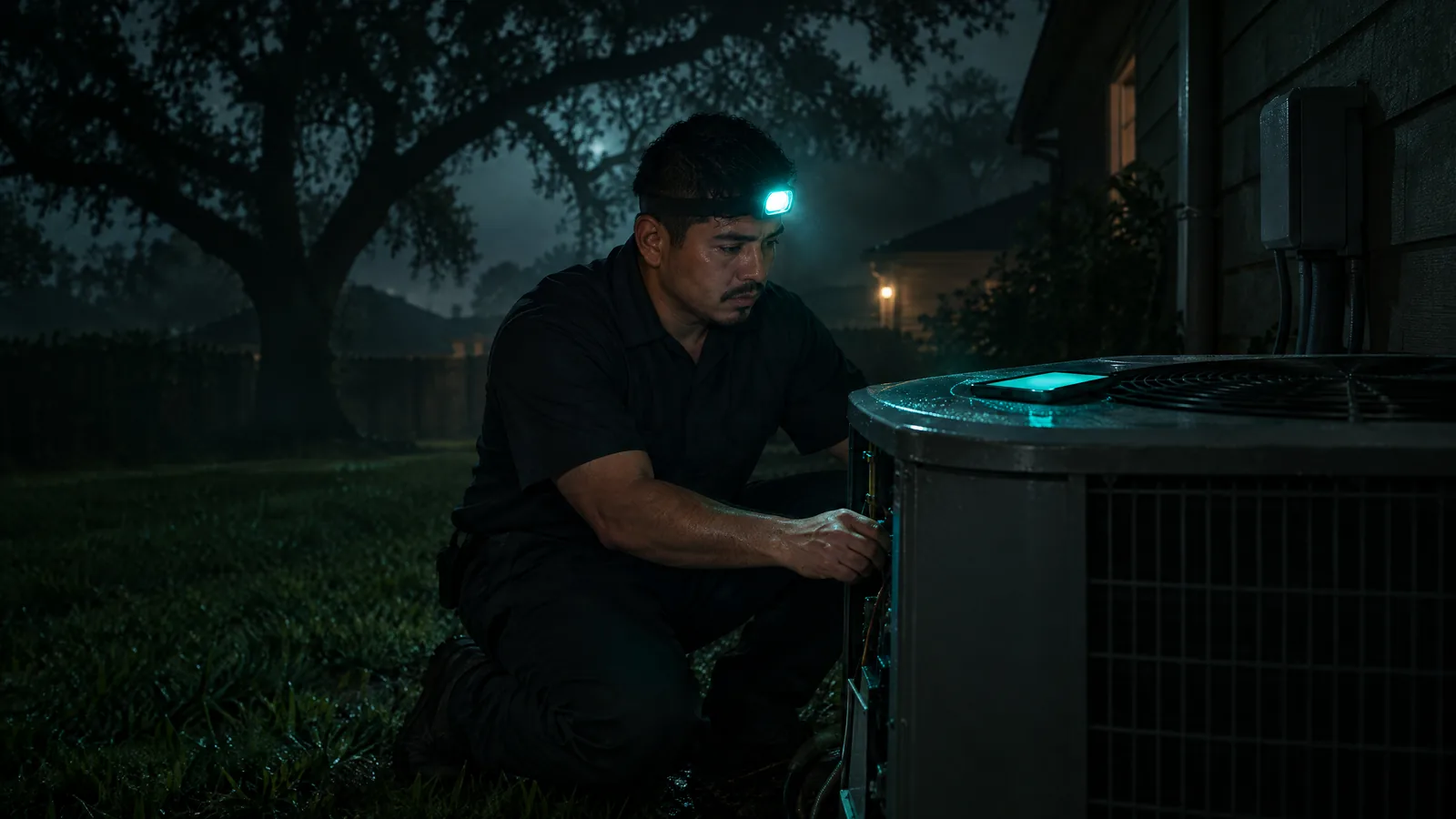 HVAC technician with a headlamp kneeling beside an outdoor AC condenser at night, his phone glowing teal on top of the unit