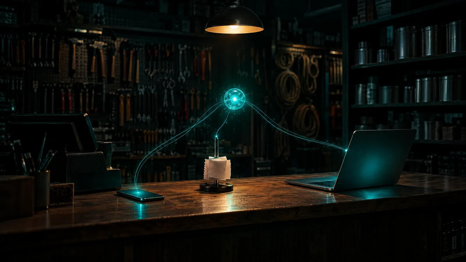 Hardware store counter after closing, with a smartphone, a receipt spike and a laptop linked by teal light threads to a small glowing orb