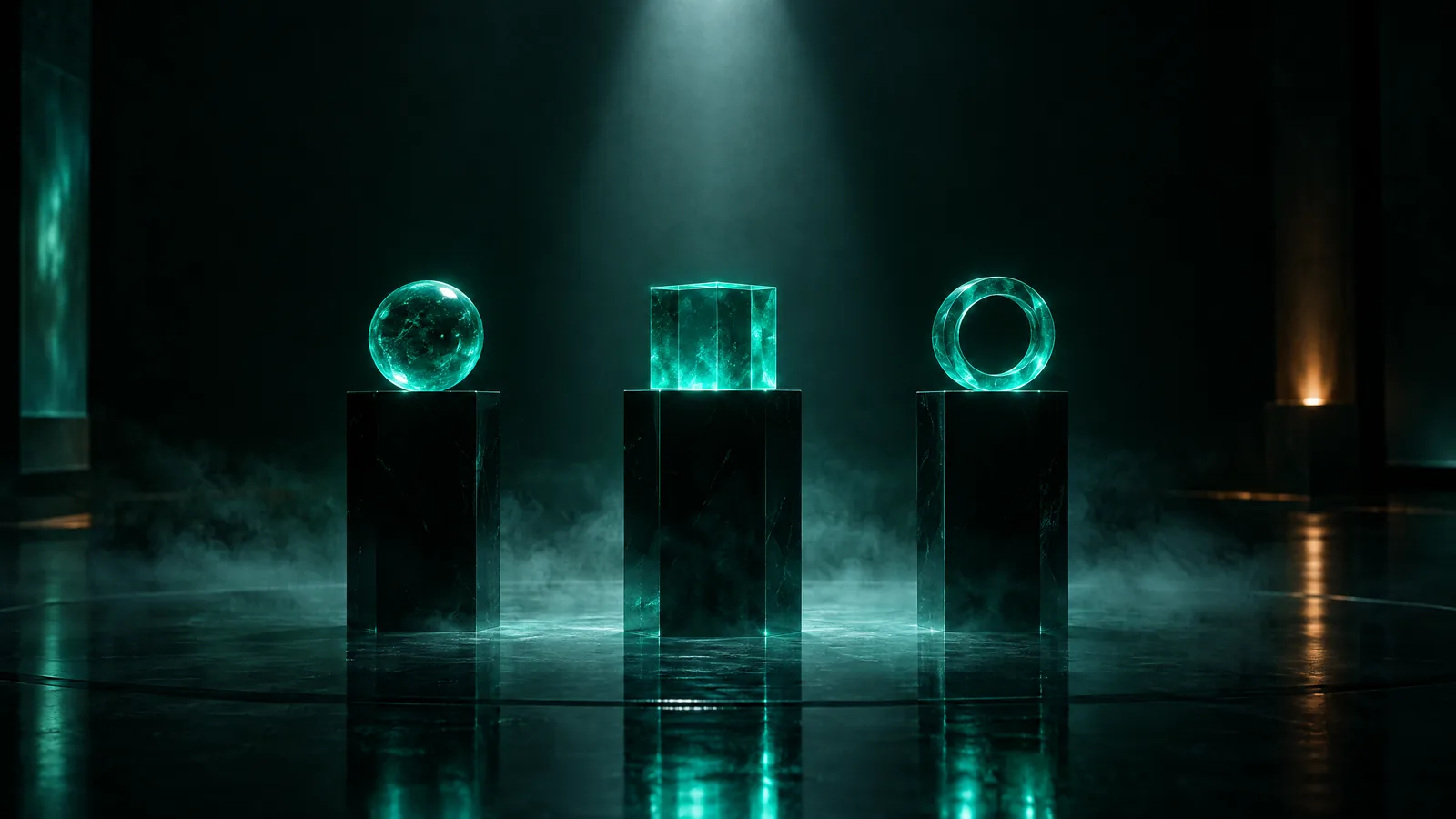Three black pedestals under a spotlight holding a glowing teal sphere, cube and ring, with mist drifting across the floor