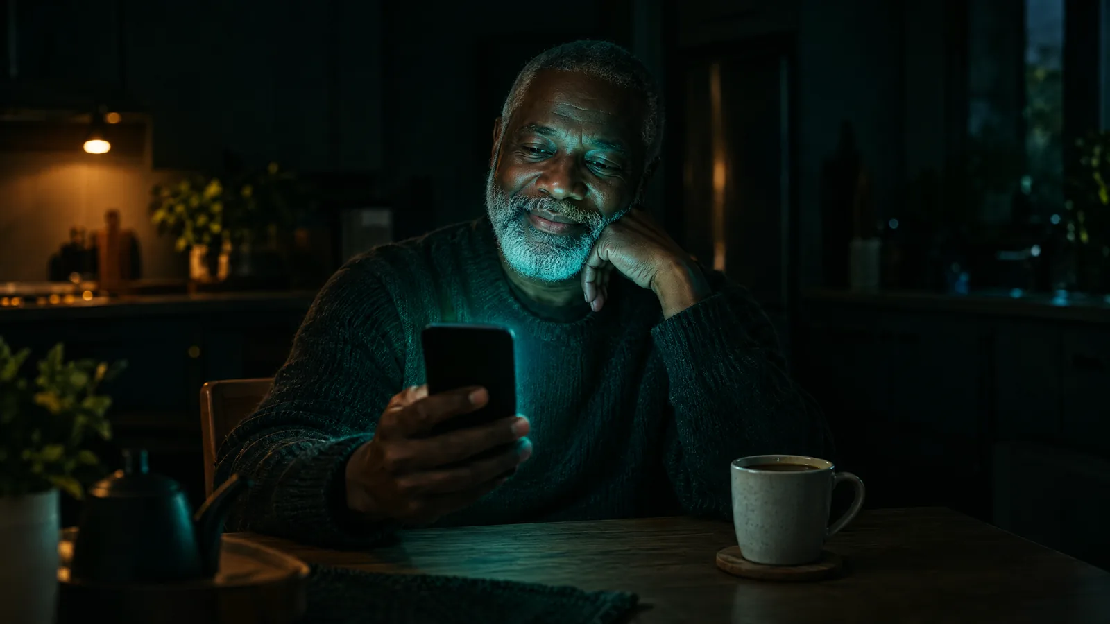 Older man with a gray beard smiling at his smartphone at a kitchen table in the evening, a cup of tea beside him