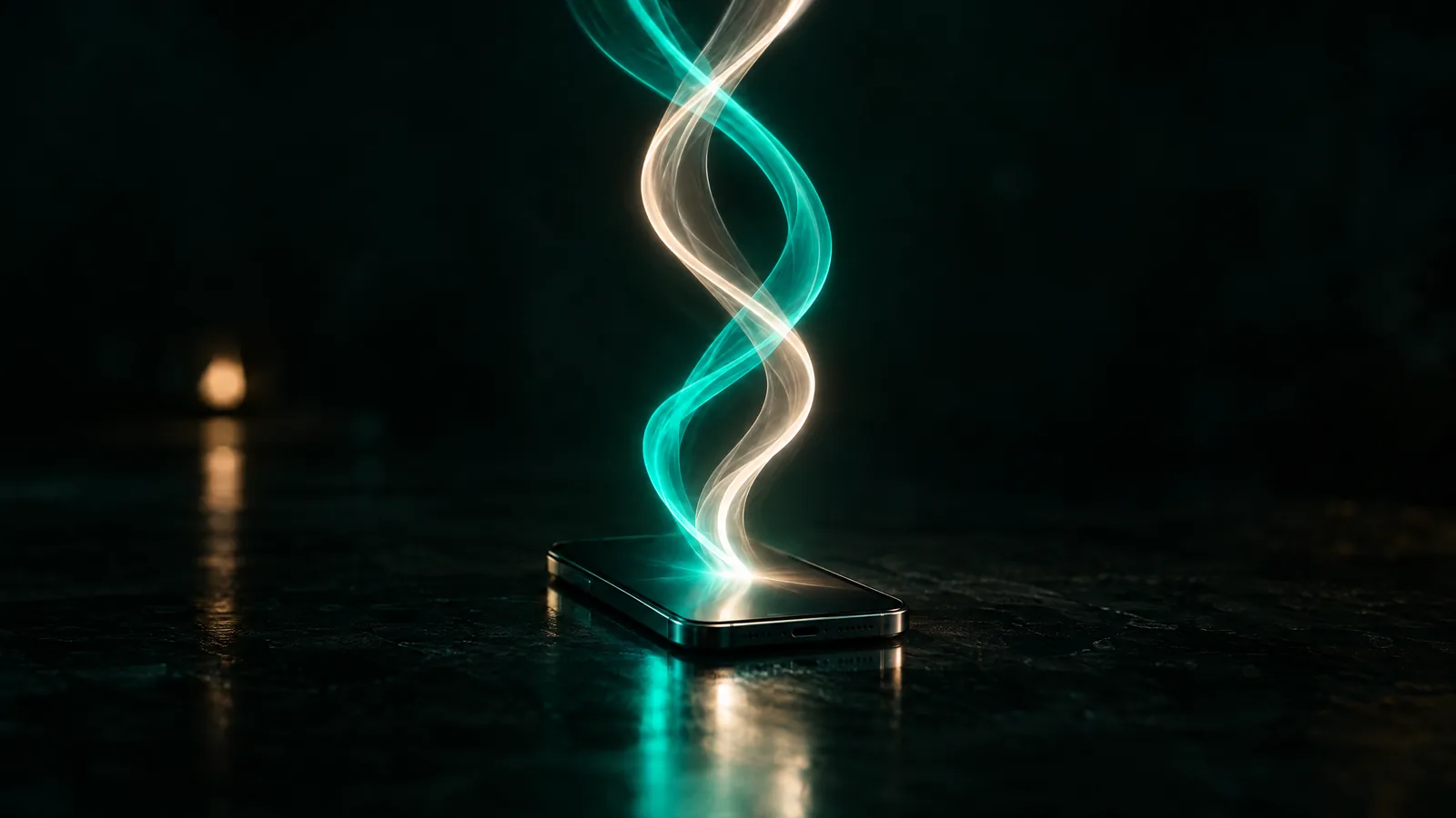 Smartphone on a dark surface releasing two intertwined ribbons of light, one teal and one warm white