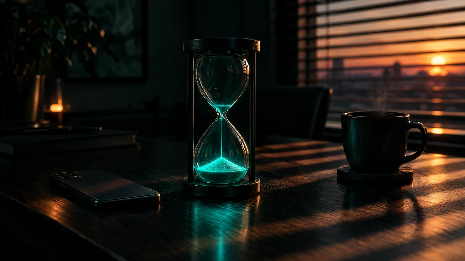 Hourglass of glowing teal sand nearly run out on a desk, beside a face-down phone and a coffee cup in sunset light through blinds