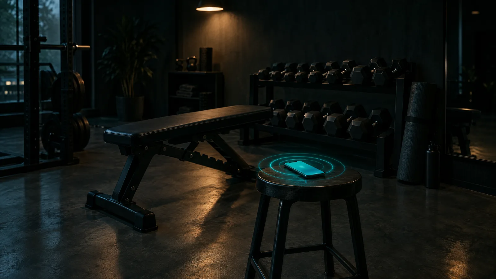 Personal training studio before opening, with a weight bench, a dumbbell rack and a smartphone on a stool sending out teal rings
