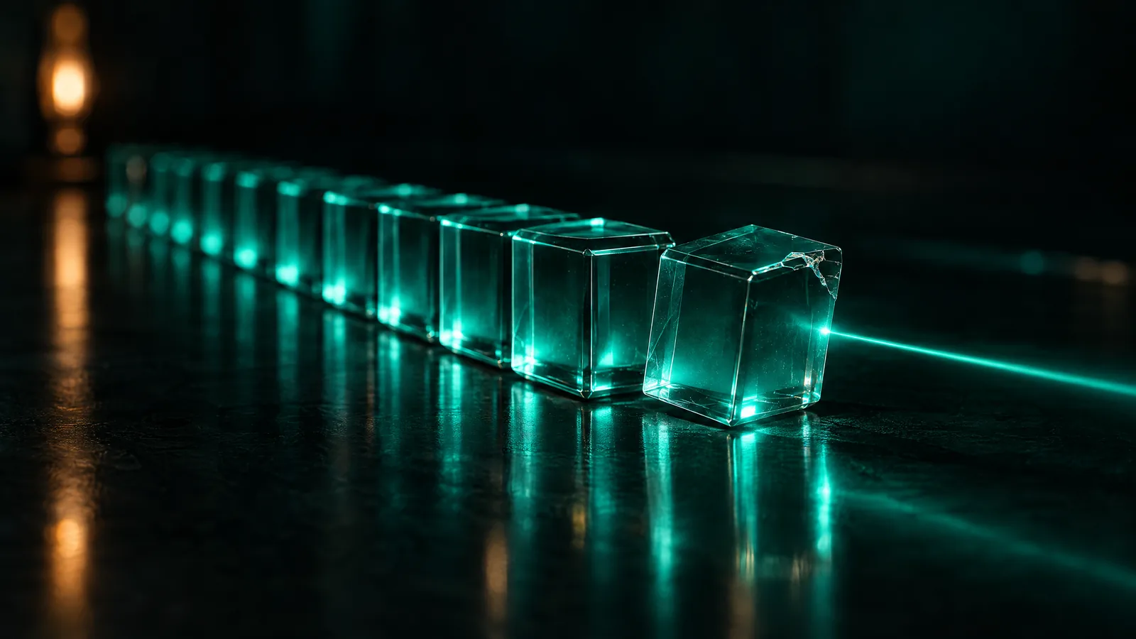 Row of glowing teal glass cubes in perfect alignment, with a teal beam nudging one crooked, chipped cube back into line