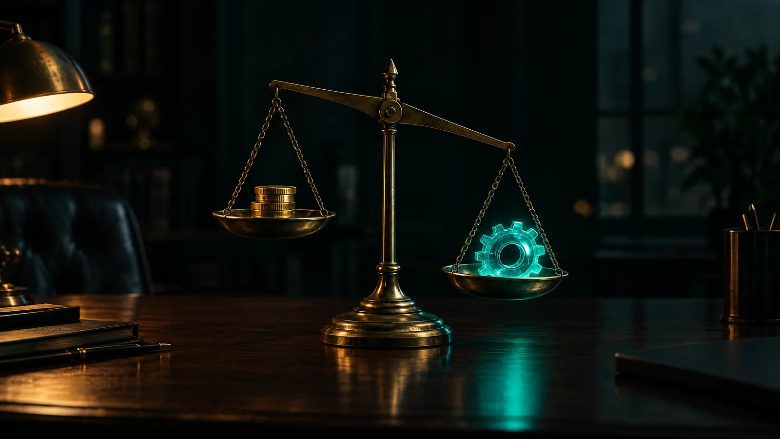 Brass balance scale on a walnut desk weighing a small stack of gold coins against a glowing teal glass gear