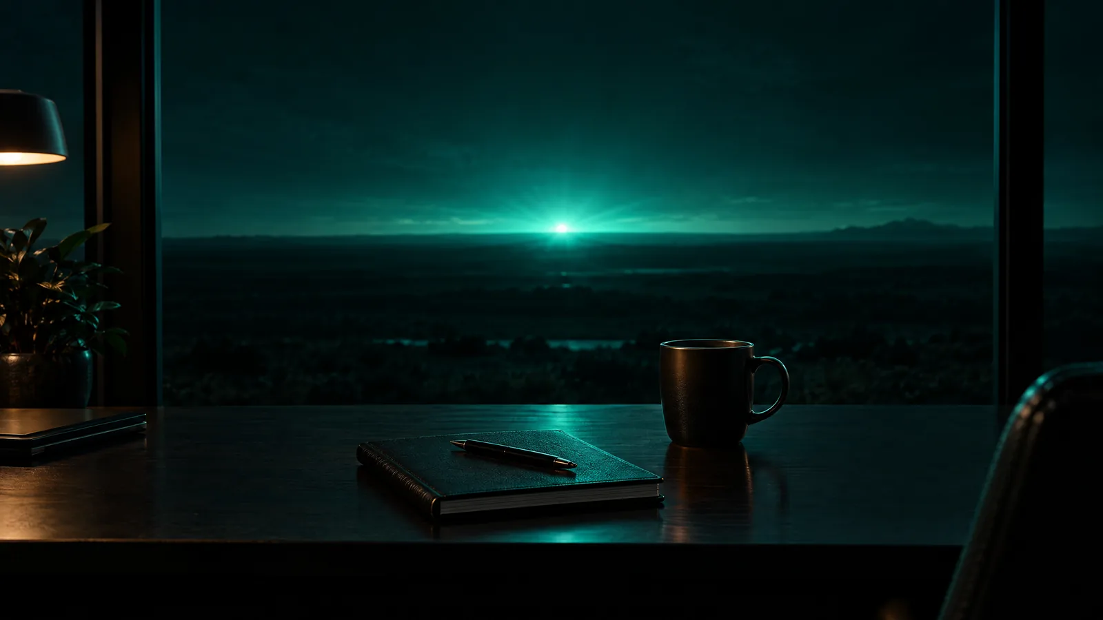 Desk with a notebook, a pen and a mug facing a window onto a dark plain where a point of teal light rises on the horizon