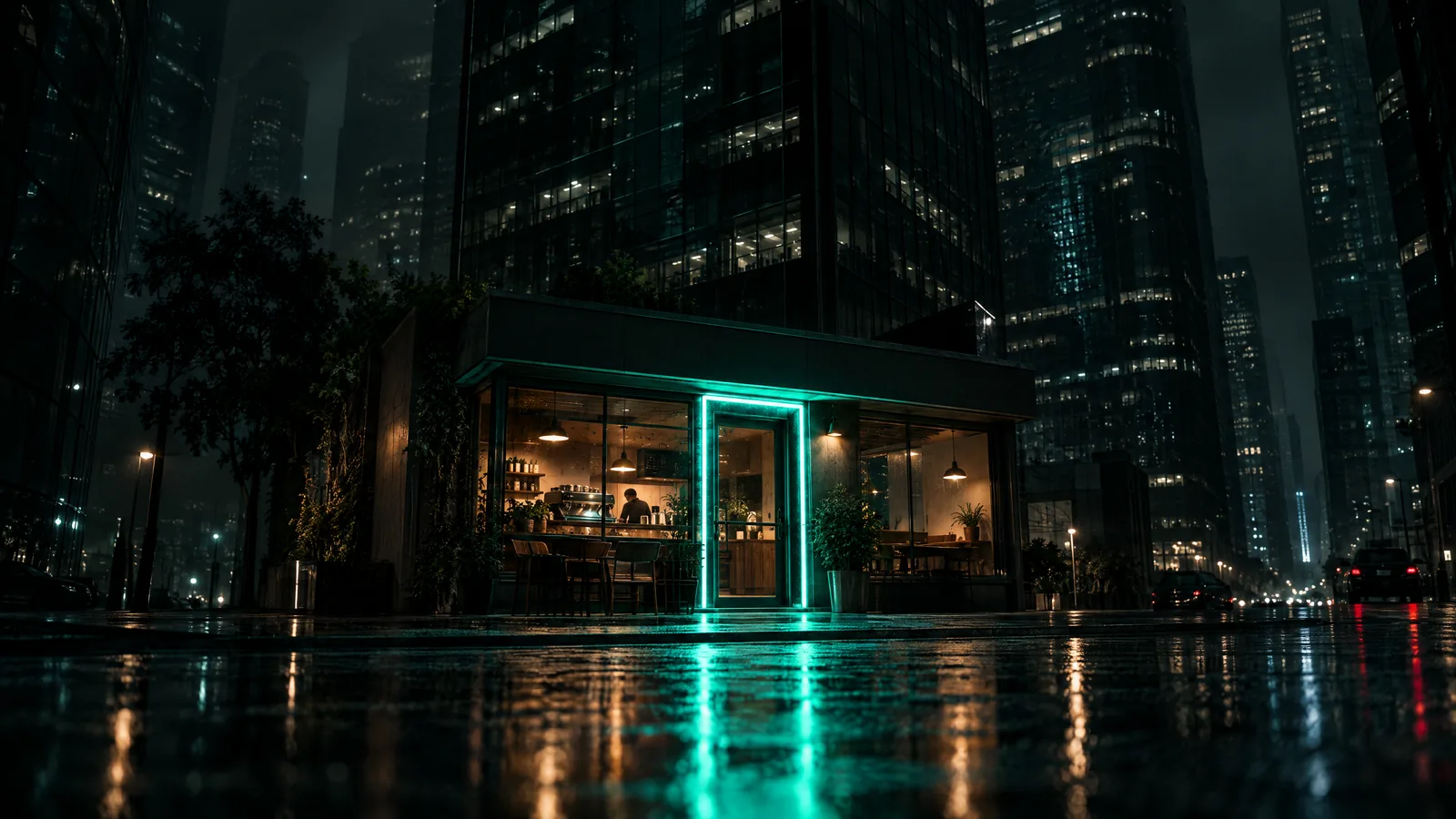 Small warm-lit coffee shop at the foot of dark glass skyscrapers at night, its doorway outlined in teal light on wet pavement
