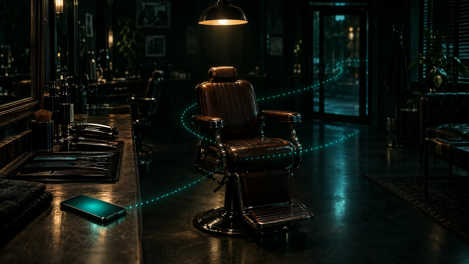 Empty barber chair under a pendant lamp at closing time, with a dotted teal light path running from a smartphone to the chair