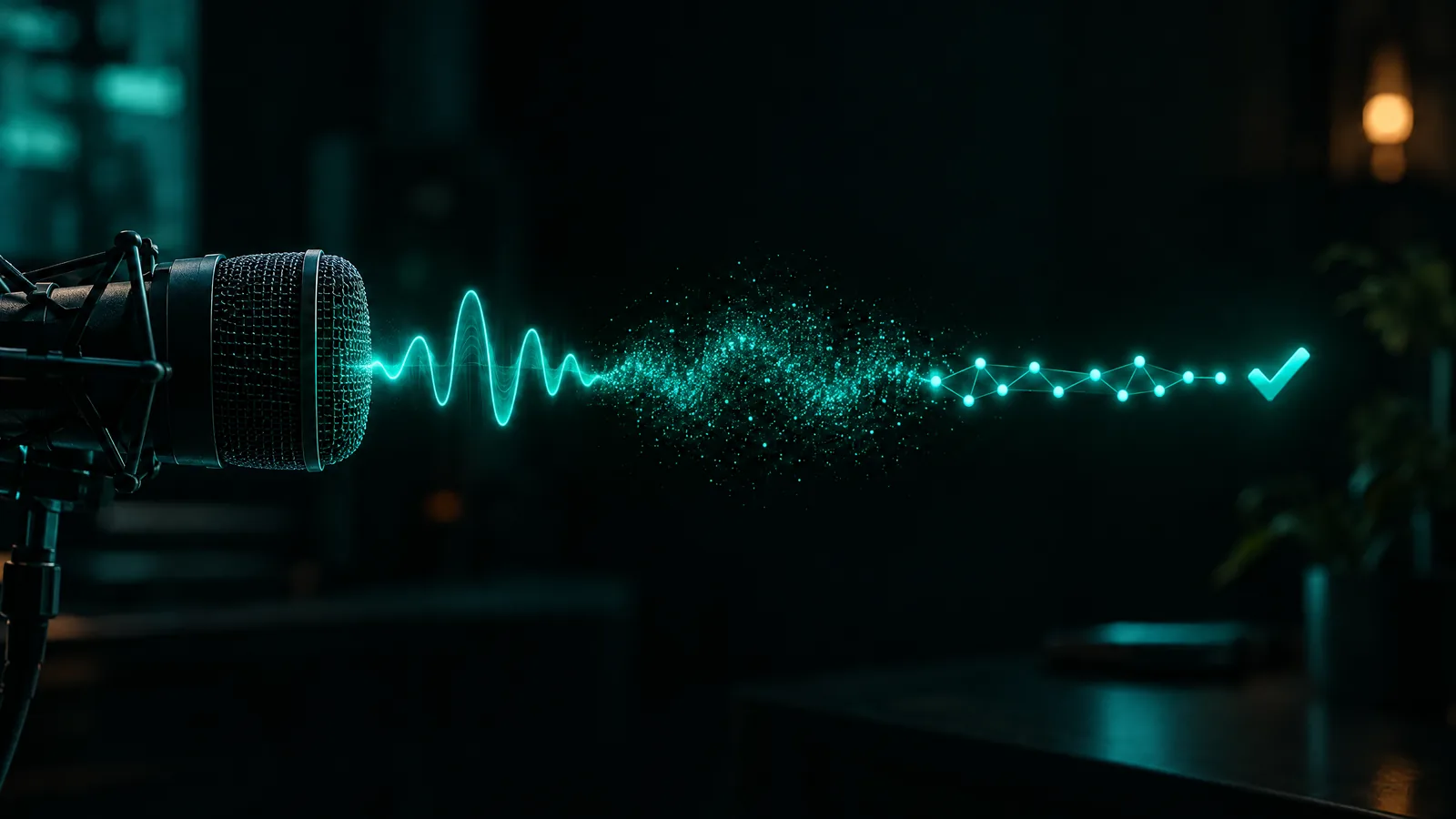 Studio microphone emitting a teal sound wave that turns into particles, then a row of connected nodes, then a glowing checkmark