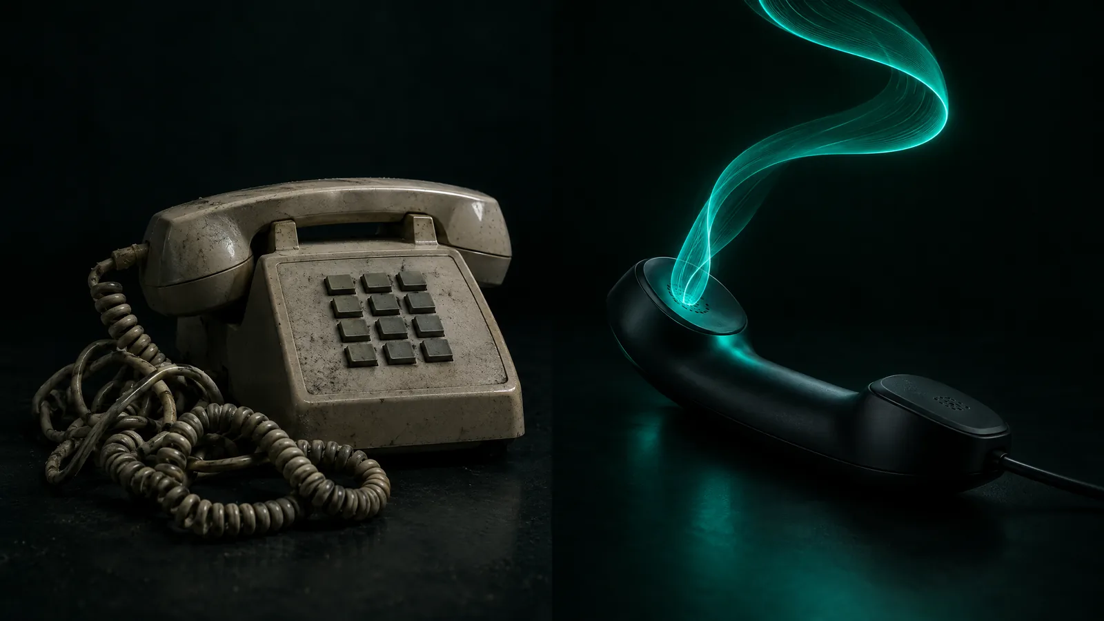 Dusty beige push-button office phone with a tangled cord beside a sleek black handset releasing a ribbon of teal light