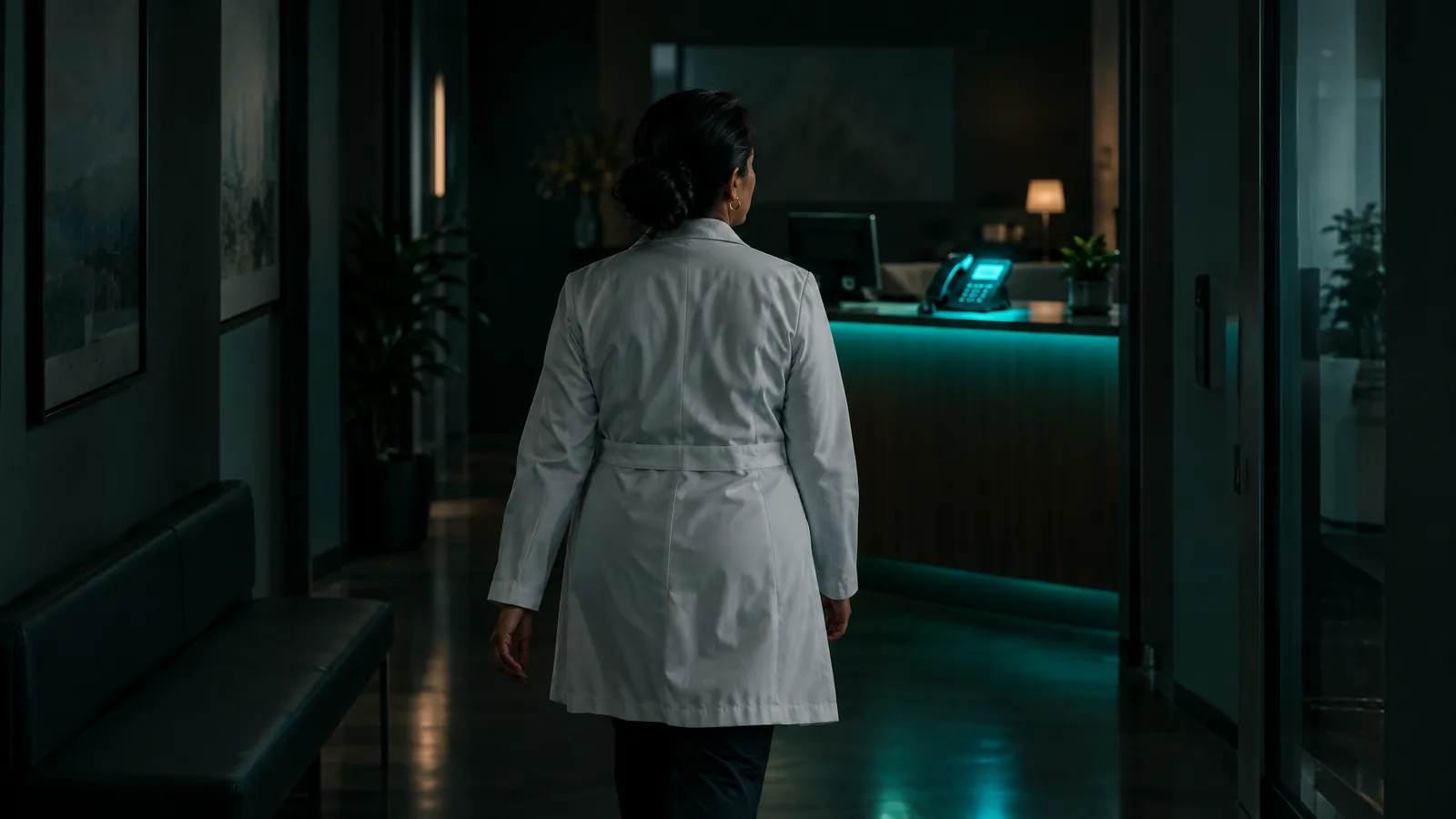 Physician in a white coat walking down a dim clinic hallway toward a reception desk where the phone sits in a soft teal glow