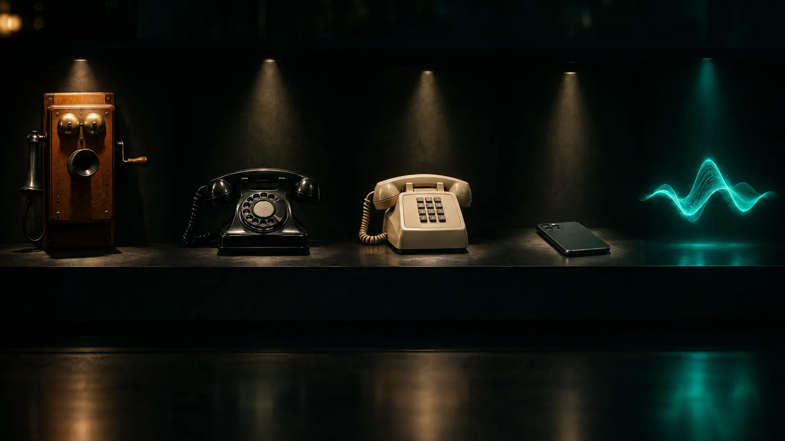 Row of telephones from a wall-crank set to a rotary phone, a push-button phone and a smartphone, ending in a wave of teal light
