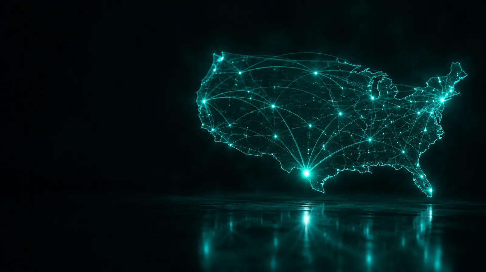 Glowing teal map of the United States with light lines reaching coast to coast from Houston
