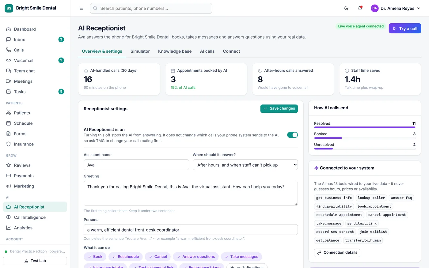Talos Connect AI Receptionist settings and results