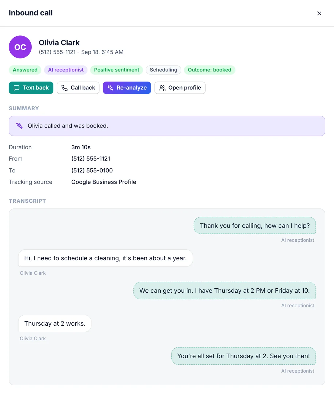 Talos Connect call detail: AI receptionist call at 6:45 AM with summary, transcript and outcome booked